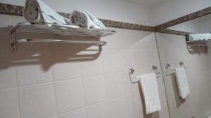 een badkamer met handdoekrekken en handdoeken aan de muur bij comfort hotel 413 anfitriã in Taguatinga
