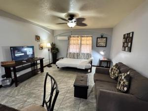 a living room with a couch and a tv at Caribbean Shores Belize in Hopkins