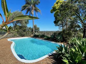 einen Pool in einem Garten mit Bäumen in der Unterkunft Cuvee Cottage in Lovedale