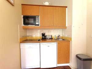 uma pequena cozinha com pia e micro-ondas em T2 à Saint-Lary-Soulan avec Piscine et Parking pour 4 pers. - FR-1-457-358 em Saint-Lary-Soulan