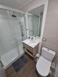 a bathroom with a toilet and a shower and a sink at Reñaca I Nuevo I Luminoso I Circuito Trekking in Viña del Mar +35 photos