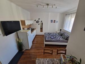 una cucina con soggiorno, divano e tavolo di City Center Apartments - Moderna Brno Římské náměstí V a Brno
