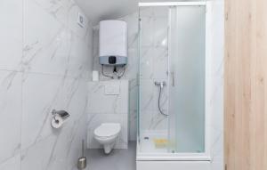 a white bathroom with a shower and a toilet at Ferienhaus Anton in Peroj +35 photos