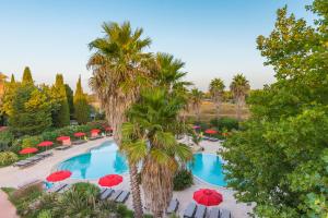 a pool with umbrellas and chairs and palm trees at L'Hôtel du Méditerranée in Argelès-sur-Mer
