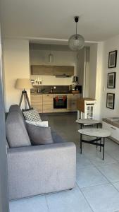 ein Wohnzimmer mit Sofa und Tisch in der Unterkunft Appartement T2 - Rez-de-Jardin, proche plage et commerces in Calvi