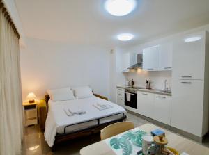 a small bedroom with a bed and a kitchen at Monte Carlo Terrace Monaco in Beausoleil