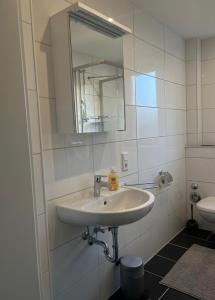 a bathroom with a sink and a mirror and a toilet at Appartement No1 in Witten