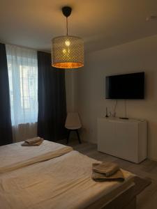 a bedroom with a bed and a television and a chandelier at Appartement No1 in Witten