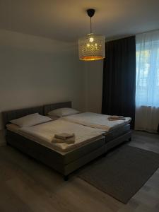 a bedroom with a bed and a chandelier at Appartement No1 in Witten