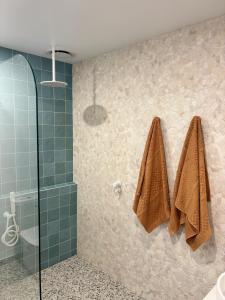 a bathroom with a shower with green tiles and towels at Windsor Studio in Warrnambool +9 photos