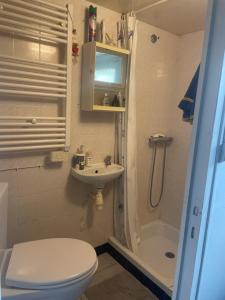 une salle de bain avec toilettes, lavabo et douche dans l'établissement Chantal&Daniel, à Saint-Brévin-les-Pins 5 autres photos