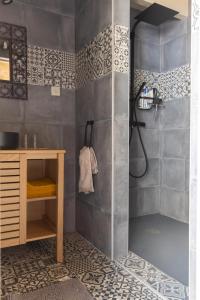 a bathroom with a shower with a sink and a counter at Beloesieje gites in Castelsagrat