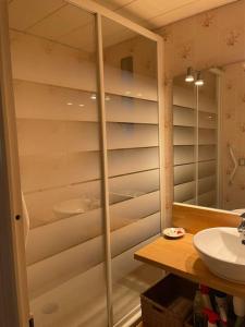 La salle de bains est pourvue d'un placard en verre et d'un lavabo. dans l'établissement Maison 8 pers, piscine, au cœur du pays de Cognac, à Malaville 16 autres photos