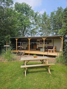 a picnic table in front of a house at Cosy Cabin in Scharendijke