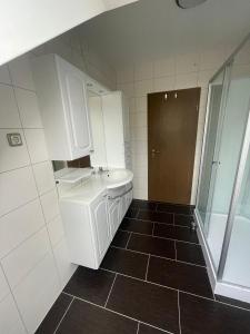 a white bathroom with a sink and a shower at Ferienwohnung Ludwig in Karlstadt +3 photos