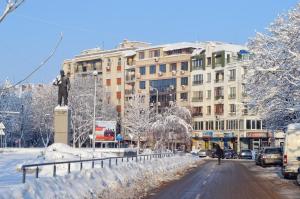 a statue of a man in the snow in a city at Divona Studio in Ruse