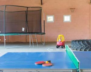 a gym with a ping pong table and a trampoline at Les Bergeronnettes in Camors
