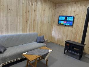 un soggiorno con divano e TV su una parete in legno di Arde a Mestia