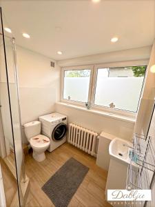 a bathroom with a toilet and a sink and a window at W Dablju - Apartementy nad morzem in Władysławowo +12 photos