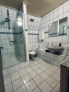 a bathroom with a shower and a sink and a toilet at sleepWELL-Steinfurt III Familienfreundlich & Zentral in Steinfurt