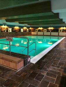 a swimming pool with blue water in a building at Das Spatzennest in Bad Harzburg