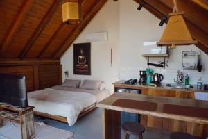 a kitchen with a bed and a sink in a room at Villa Bali Praia do Rosa in Imbituba