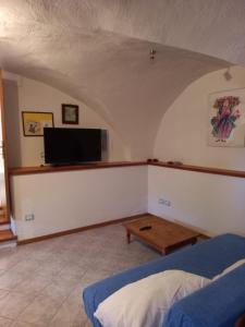 a living room with a bed and a tv at Ala Roda- appartamento in Ziano di Fiemme
