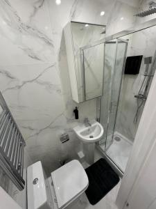 a bathroom with a shower and a toilet and a sink at Near London Soho and Oxford Circus in London