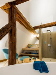 a room with a bathroom with a shower and a table at Goldkind Feine Wohn- & Schlafstuben in Heppenheim an der Bergstrasse