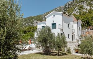 a white house with a mountain in the background at Amazing Home In Herceg Novi With Wifi in Herceg-Novi
