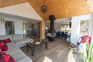 a living room with a couch and a fireplace at Chalet Isatis - SPA - Access to the Lake in Saint Come +34 photos