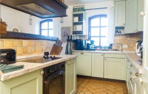 a kitchen with green cabinets and a washer in it at Villa Montona in Višnjan