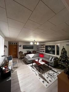a living room with a couch and a christmas tree at Villa Narikka, Tilava ja rauhallinen loma-asunto Kittilän keskustassa in Kittilä