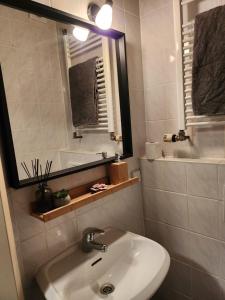 a white bathroom with a sink and a mirror at Schwalbenhof in Lommatzsch +20 photos