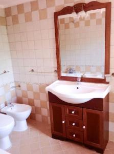 a bathroom with a sink and a toilet and a mirror at Casa Silvia Balsorano in Balsorano Vecchio