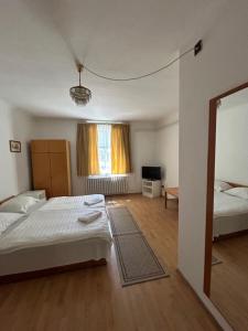 una camera con letto e televisore di Corvin Panzio a Győr