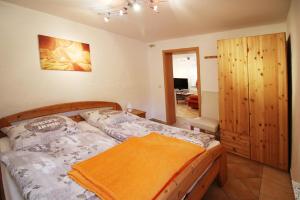 1 dormitorio con 1 cama y 1 habitación con escritorio en Ferienwohnungen Zierzow en Zierzow