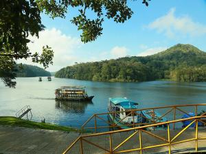 a couple of boats on a lake with trees at Thekkady Homestay in Thekkady