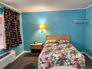 杰克逊维尔Budget Inn Jacksonville的一间带床和蓝色墙壁的卧室