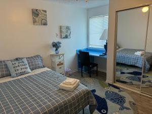a bedroom with a bed and a desk with a mirror at A cozy place near UF in Gainesville +23 photos
