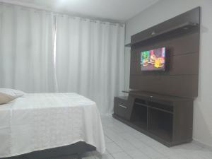 a bedroom with a bed and a flat screen tv at Apto 352 centro nucleo bandeirant in Brasilia