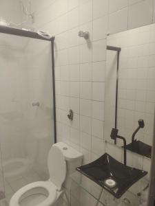 a bathroom with a toilet and a shower stall at Apto 352 centro nucleo bandeirant in Brasilia +2 photos