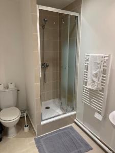 a bathroom with a shower with a toilet and a sink at Appartement J, RESIDENCE DU RENOUVEAU, Stade de France, idéal pour 4 pers in Saint-Denis