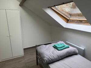 a bedroom with a bed with a skylight and a window at Appartement J, RESIDENCE DU RENOUVEAU, Stade de France, idéal pour 4 pers in Saint-Denis