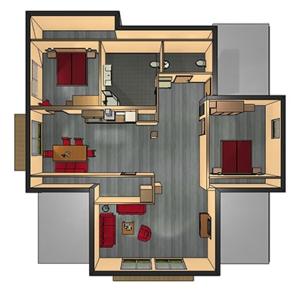 a floor plan of a small house with red accents at Ferienwohnungen Hopfensee in Füssen