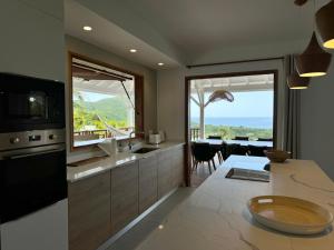 a kitchen with a counter with a view of the ocean at Villa Ti Piou in Deshaies