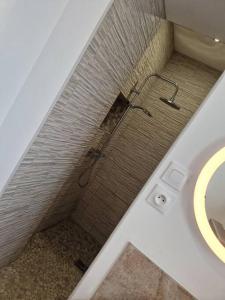 a shower in a bathroom next to a sink at appartement avec terrasse in Sillery