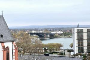 a view of a river with a bridge and a building at City Lage mit Rheinblick in Mainz