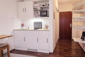 a kitchen with white cabinets and a microwave at City Lage mit Rheinblick in Mainz