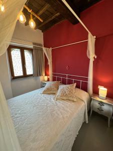 a bedroom with red walls and a bed with two pillows at Borgo di Sopra 51 in Ronciglione